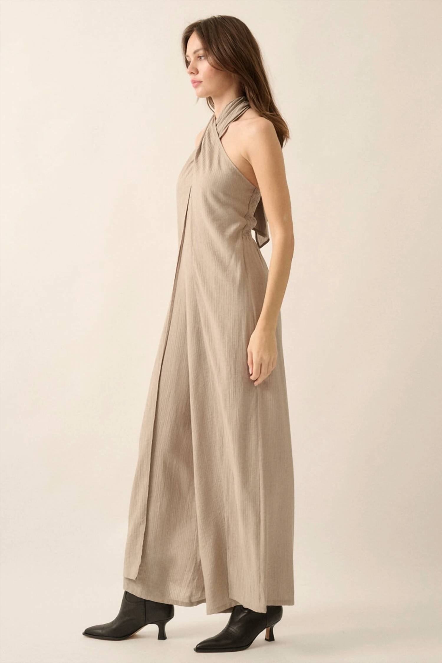 Promesa - Tonal Stripe Wide Leg Halter Jumpsuit