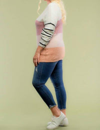 Doe And Rae - Blocked Color Sweater Top With Striped Sleeve