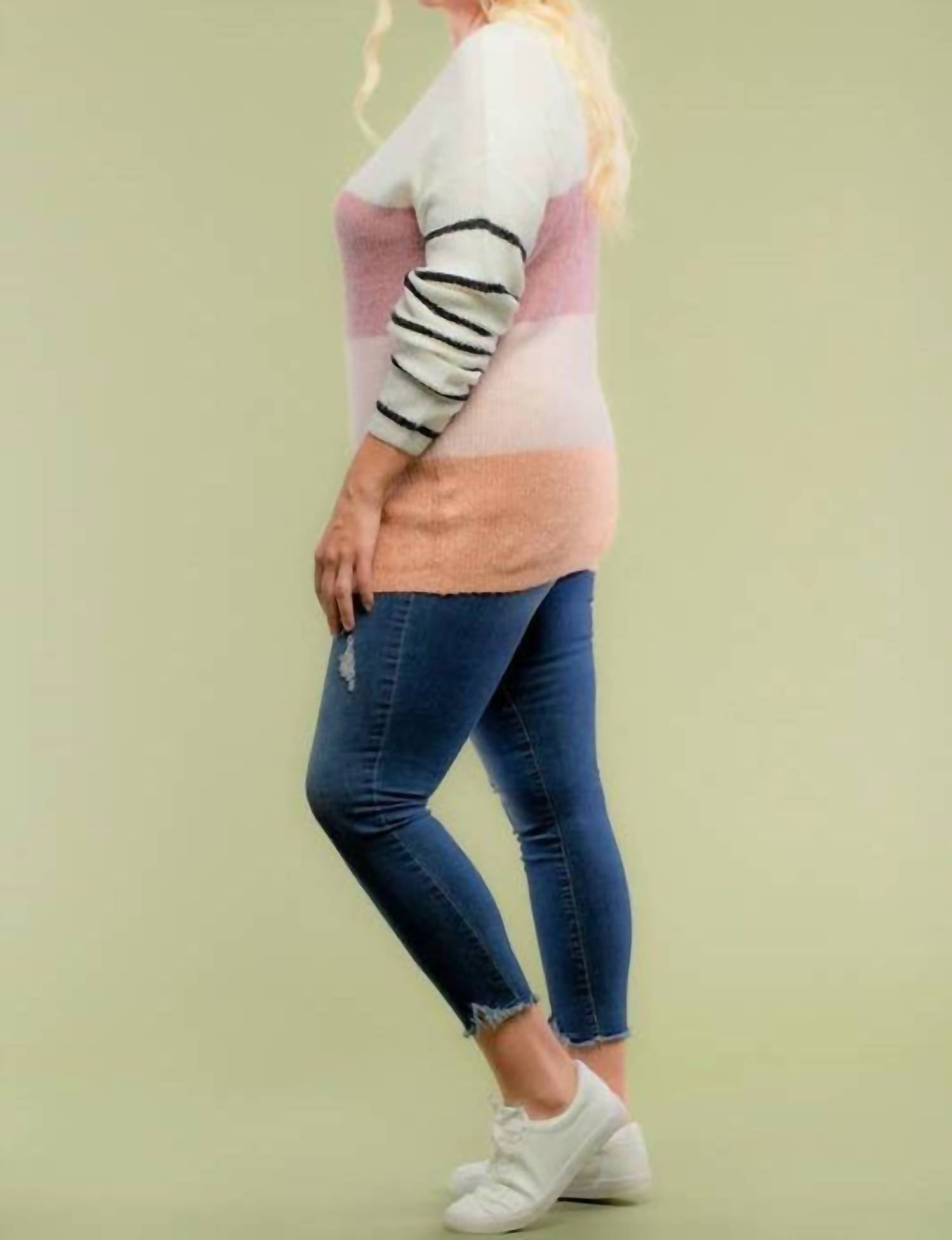 Doe And Rae - Blocked Color Sweater Top With Striped Sleeve