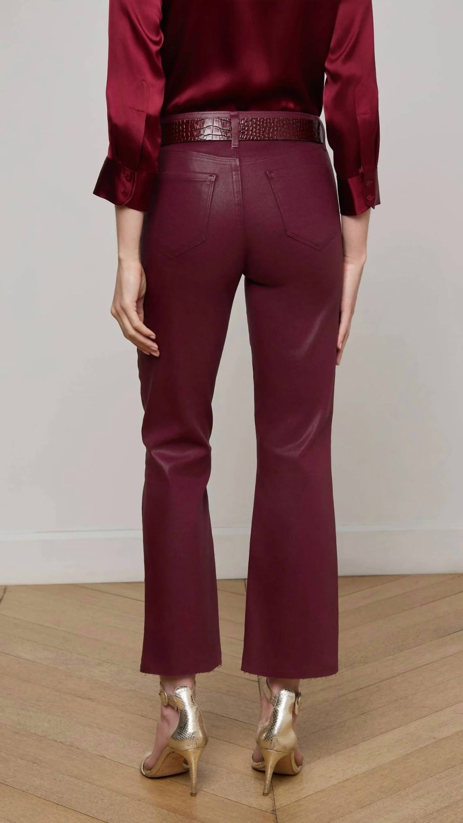 L'Agence Kendra Coated Cropped Flare Jean in dark port - women's jeans - detail view
