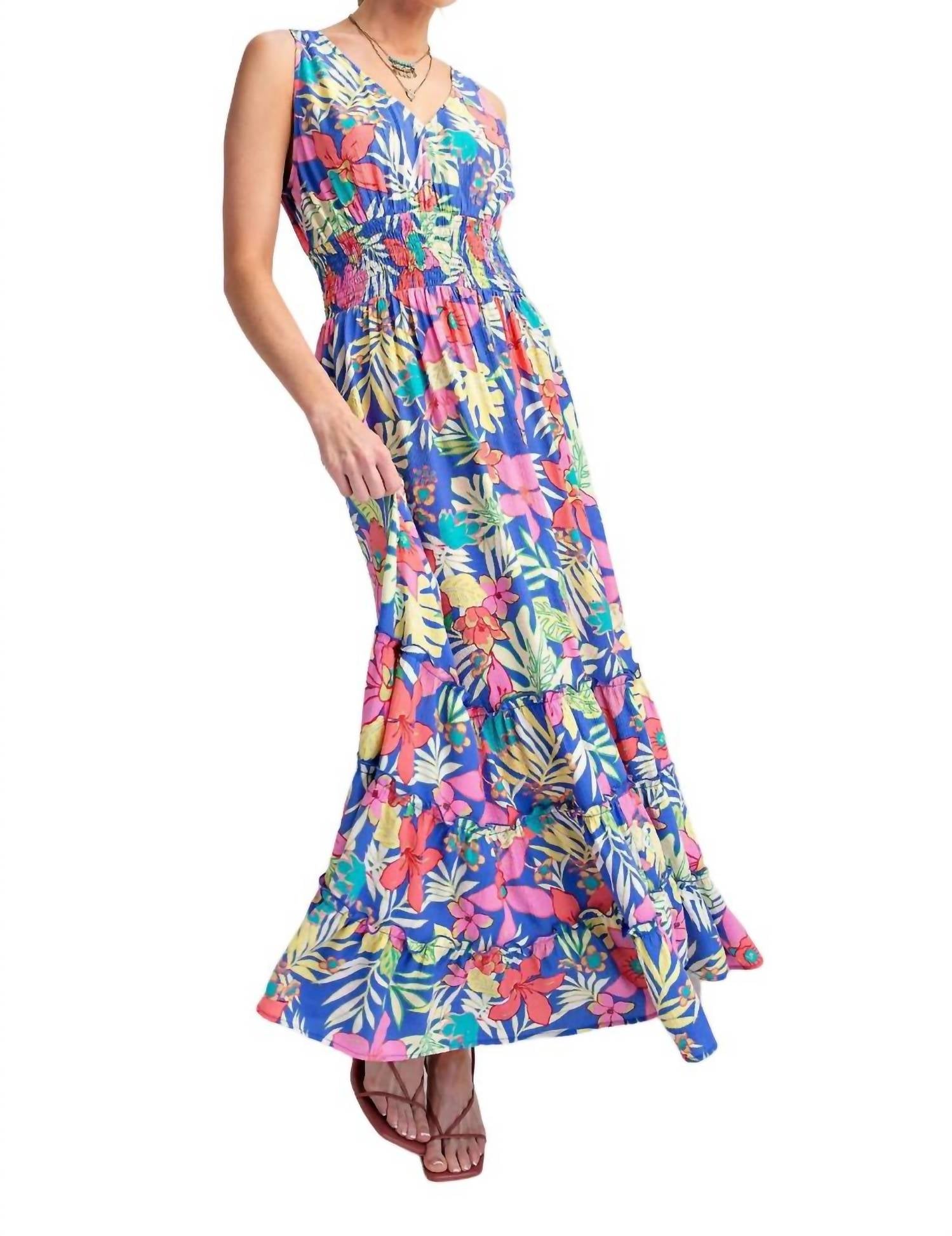 Easel - Tropical Print Peach Blossom Maxi Dress