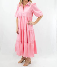 Tcec - Jeweled Collar Midi Tiered Shirt Dress
