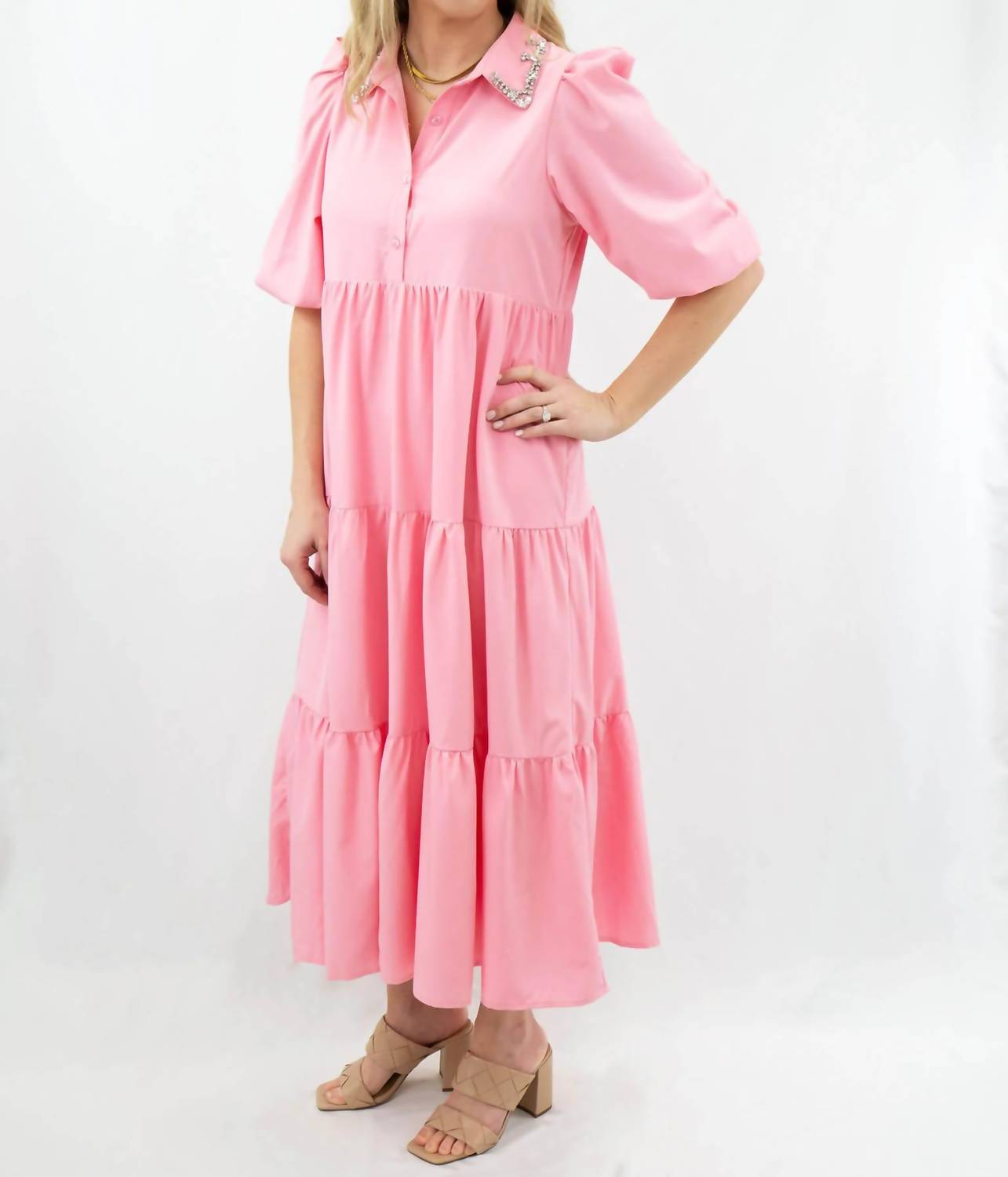 Tcec - Jeweled Collar Midi Tiered Shirt Dress