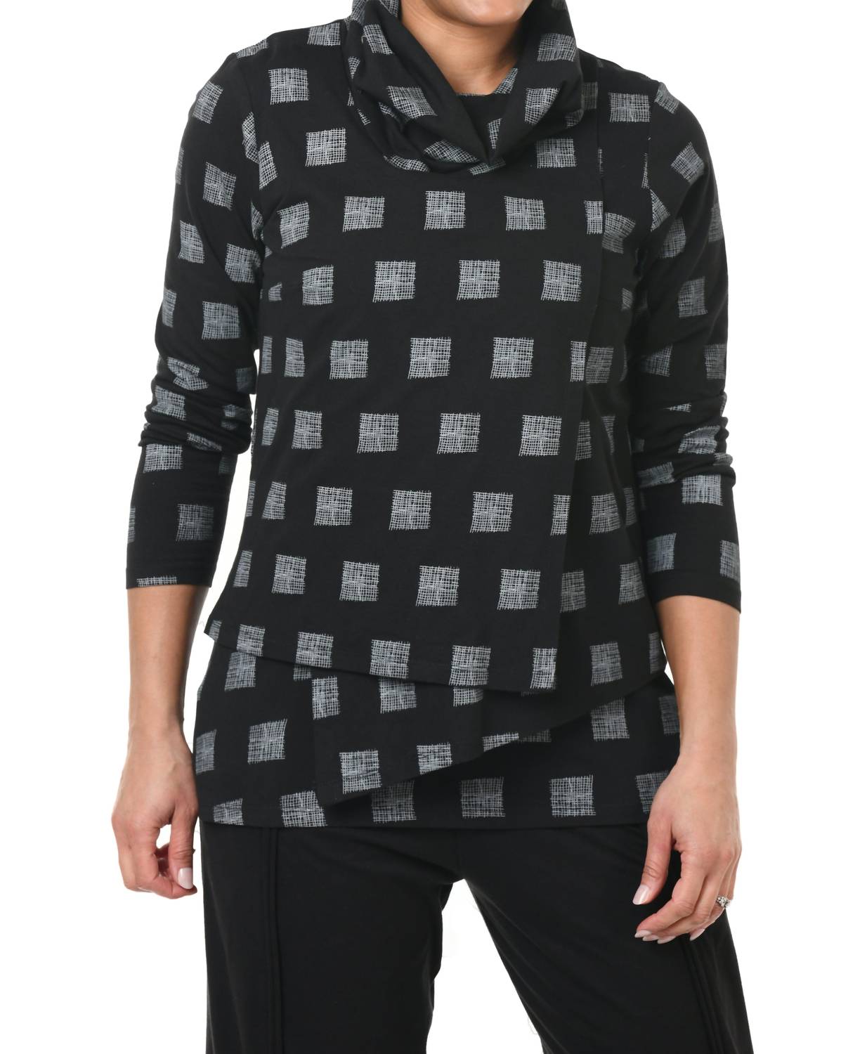 Tulip Clothing Bristol Cowl Neck Pullover Sweatshirt in black - women's top - detail view