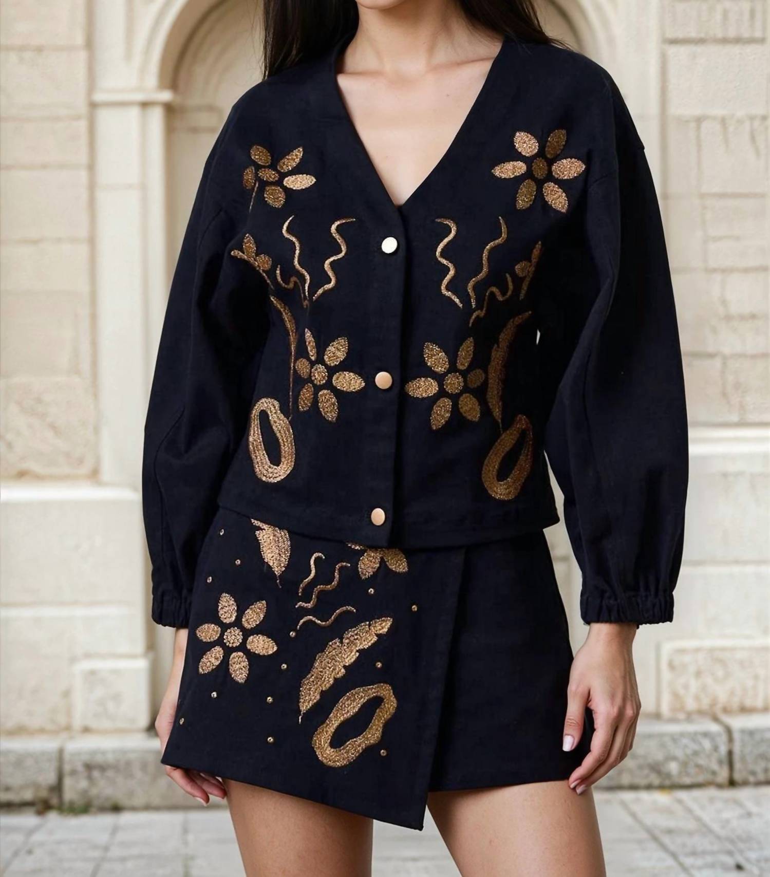 Lalavon - Michelle Embroidered Long Sleeve Button-Down Jacket