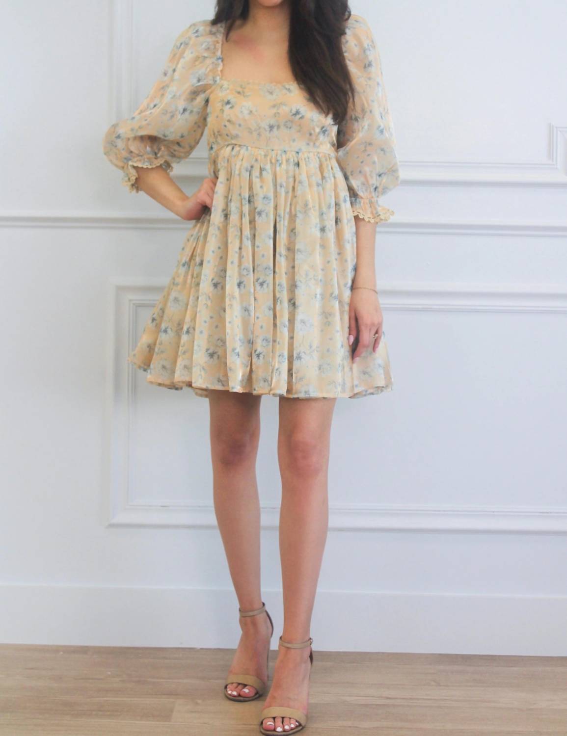 Mable - Elodie Square Neck Floral Organza Babydoll Dress