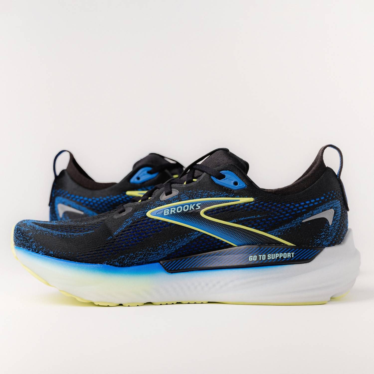 BROOKS Men's Glycerin Gts 22 Running Shoes in black cobalt neo yellow - men's shoe - detail view
