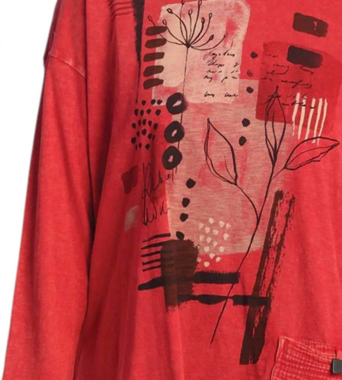 Jess & Jane Foliage Mineral Washed Gauze Contrast Pocket Top in scarlet - women's shirt - detail view