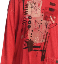 Jess & Jane Foliage Mineral Washed Gauze Contrast Pocket Top in scarlet - women's shirt - detail view
