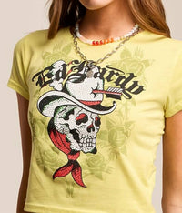 Ed Hardy Skull Cowboy Baby Cropped T-shirt in lemon - women's t-shirt - alternate view