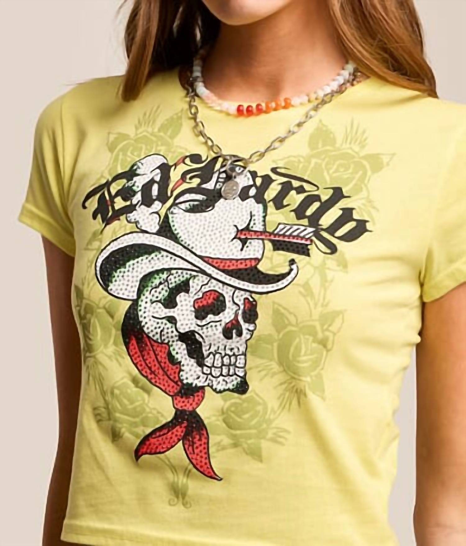Ed Hardy Skull Cowboy Baby Cropped T-shirt in lemon - women's t-shirt - alternate view