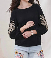 Tribal - Women's Soutache Embroidered Boat Neck Puff Sleeve Top