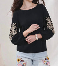Tribal - Soutache Embroidered Boat Neck Puff Sleeve Top