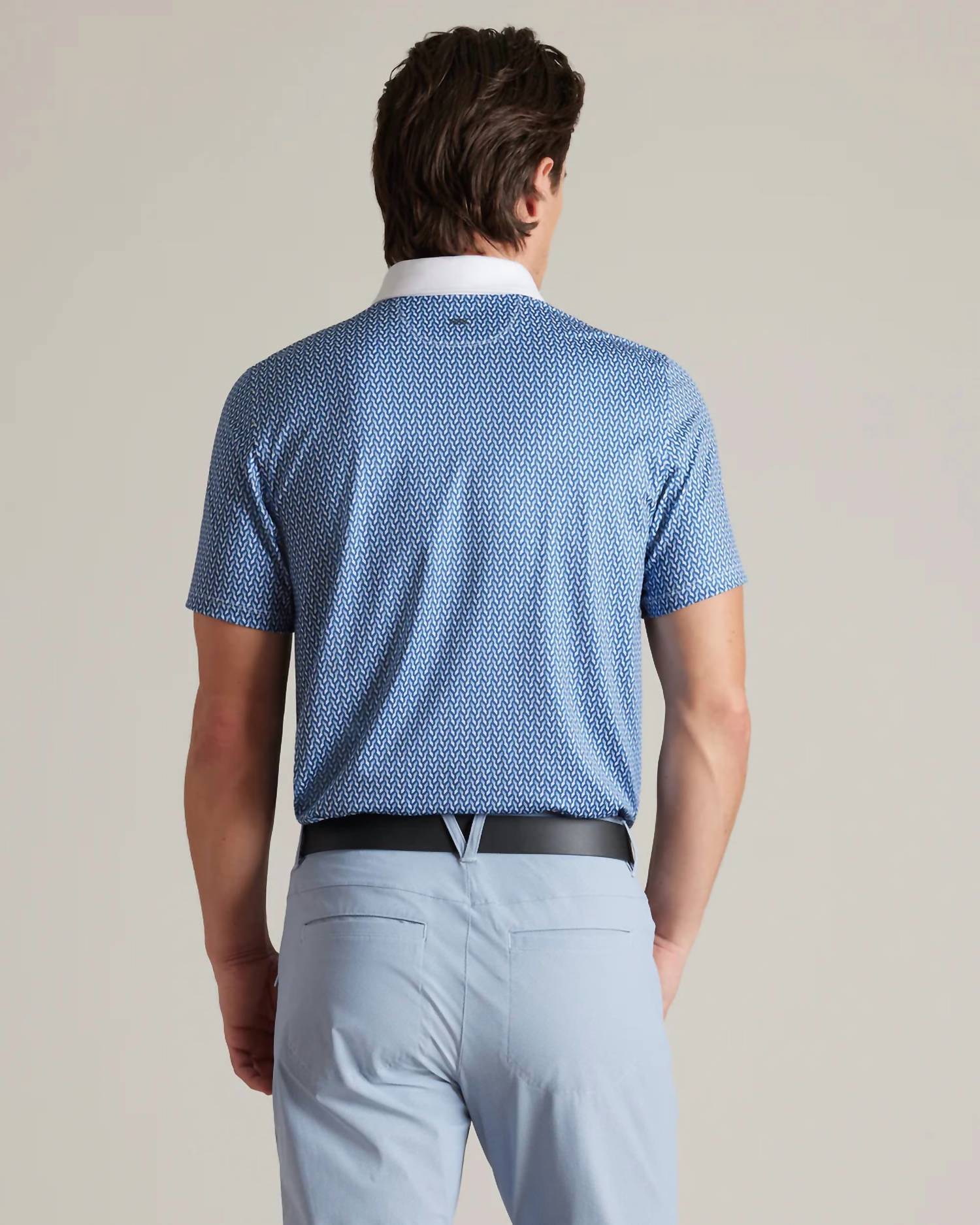 RHONE Golf Sport Polo in sapphire blue arctic blue white geo - men's shirt - detail view