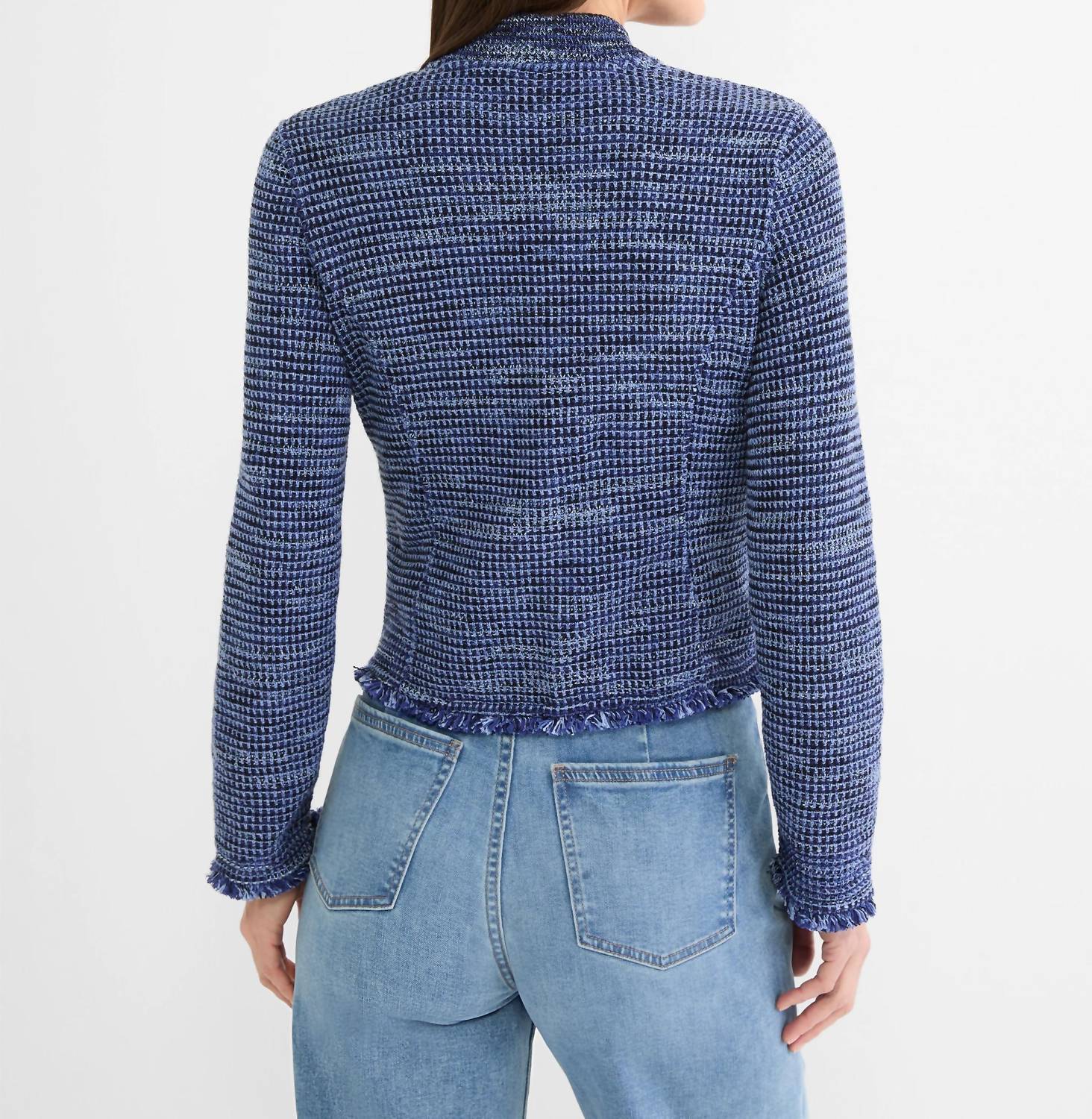 Nic + Zoe Fringe Knit Bomber Jacket in blue mix - women's jacket - alternate view