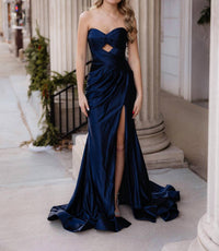 Sherri Hill Strapless Fitted Stretch Satin Prom Dress in navy - women's dress