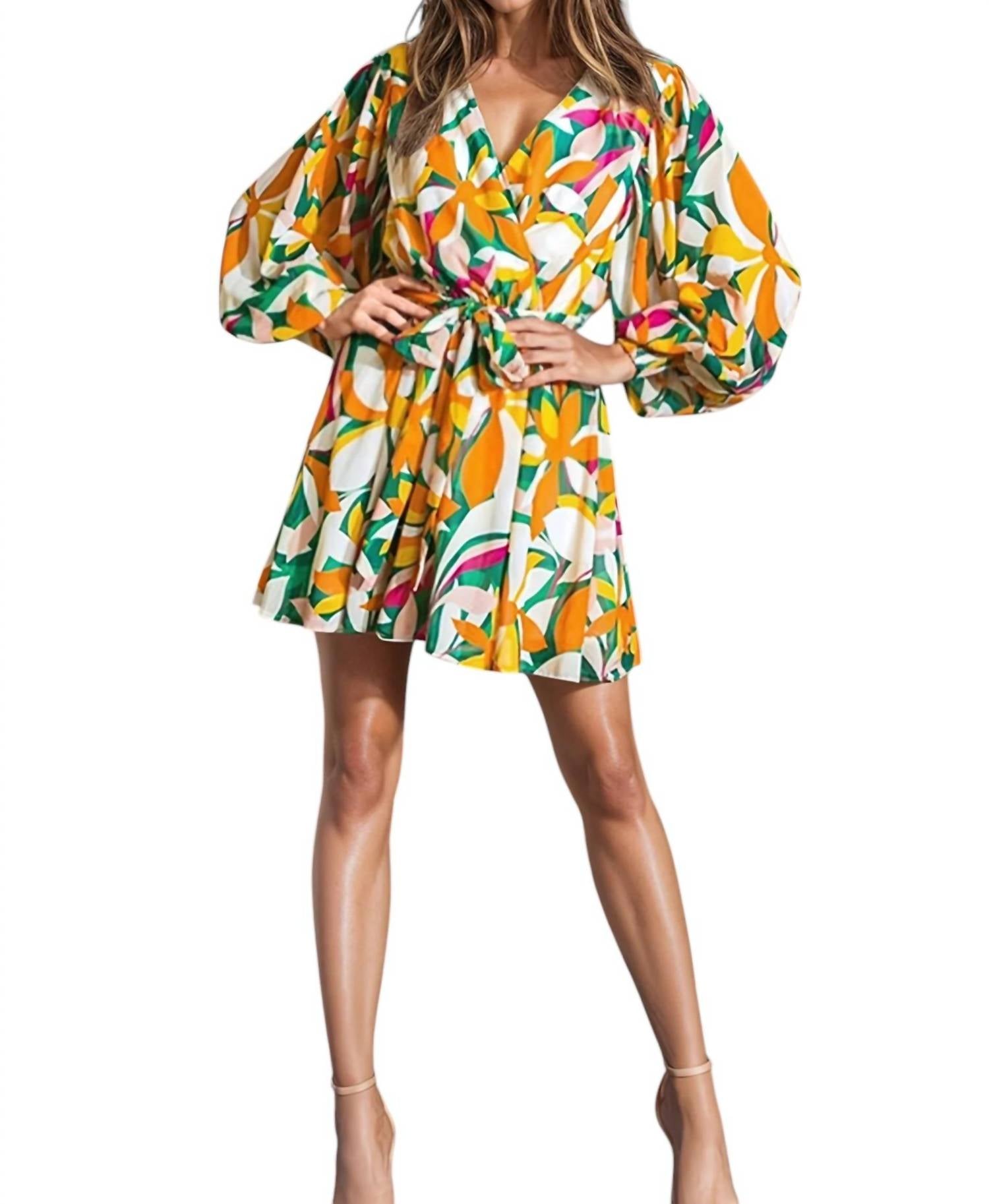 Flying Tomato - Sandra Surplice Long Sleeve Chiffon Mini Dress