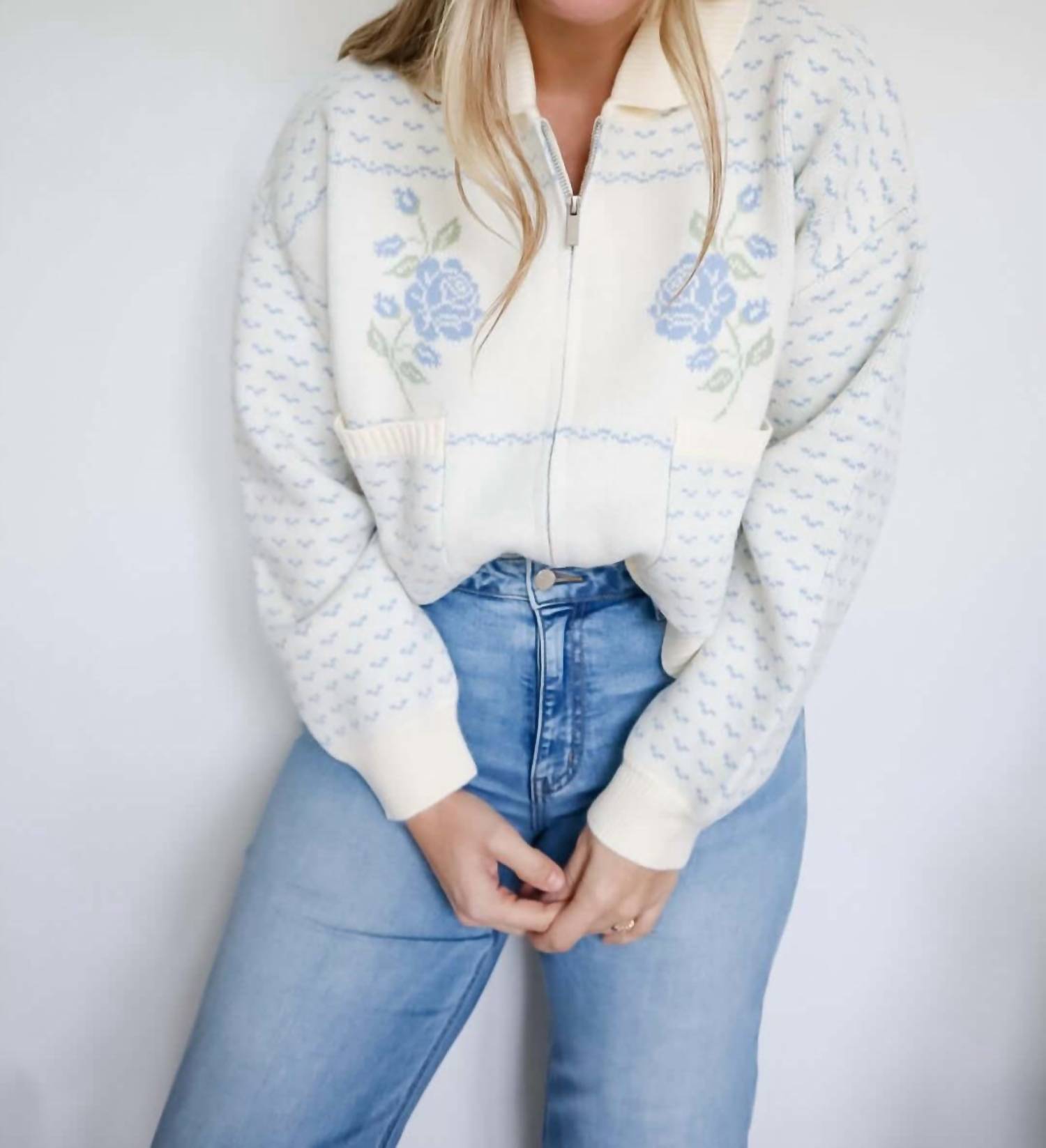 Mable - Audrey Rose Print Jacquard Knit Zip Up Cardigan Jacket
