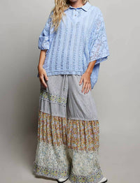 Pol - Lace Patch Solid Lightweight Short Sleeve Collared Knit Top