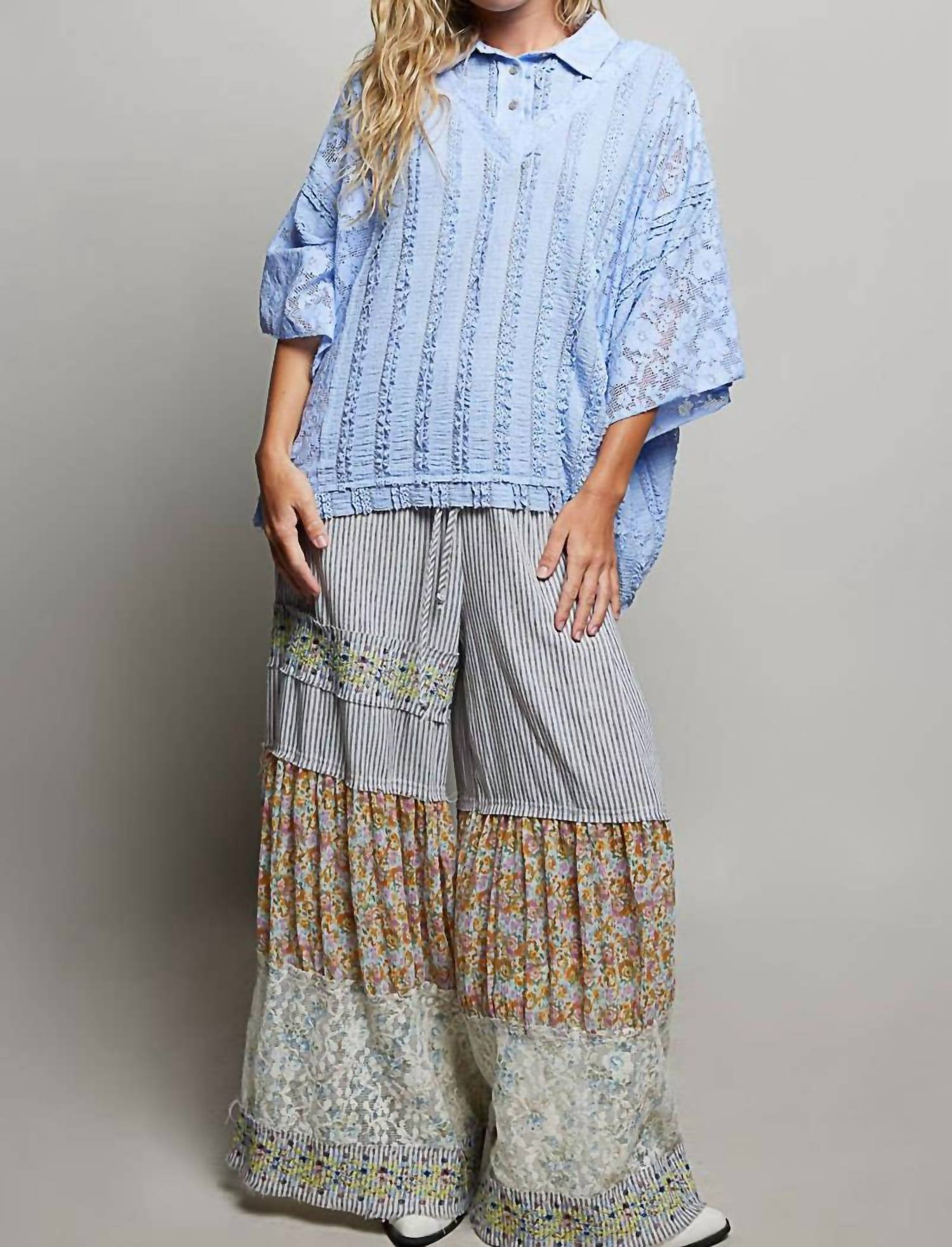 Pol - Lace Patch Solid Lightweight Short Sleeve Collared Knit Top