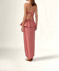 ADRIANA DEGREAS Solid Peplum Maxi Pants in vintage rose - women's pants - detail view