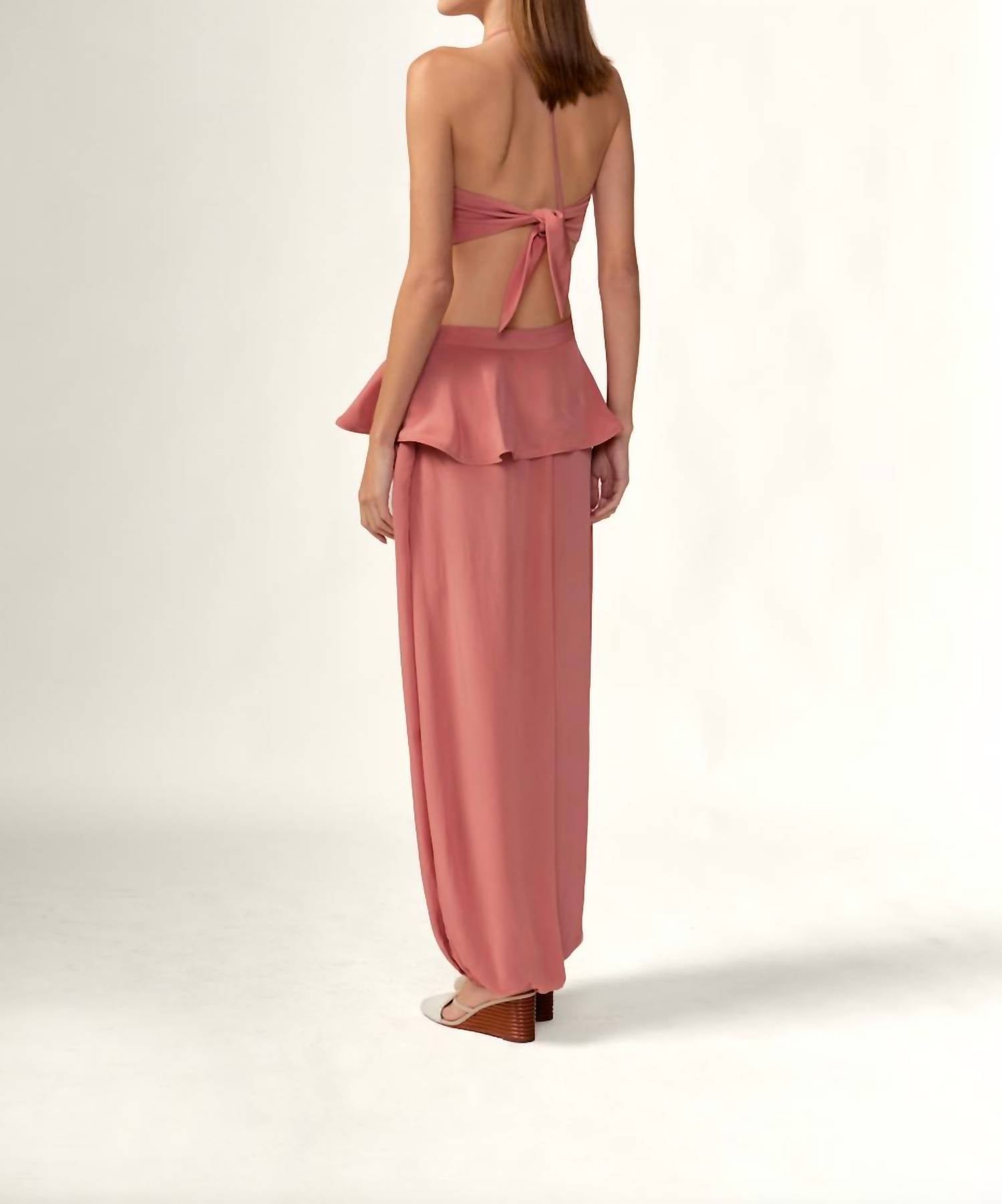 ADRIANA DEGREAS Solid Peplum Maxi Pants in vintage rose - women's pants - detail view