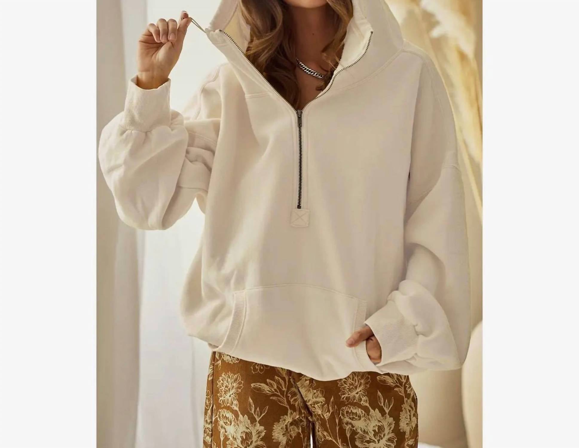 BiBi Stitch Detailed Elastic Hem Half Zip Fleece Hoodie in off white - women's top