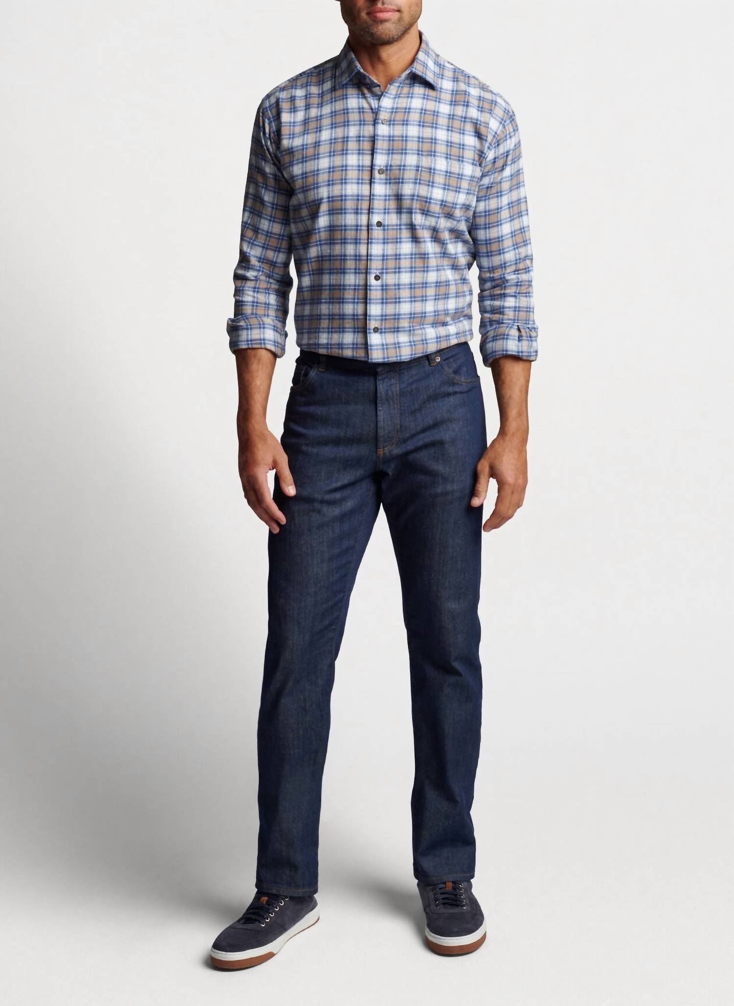 PETER MILLAR Arcadia Falls Cotton Sport Shirt in blue - men's long sleeve top - detail view
