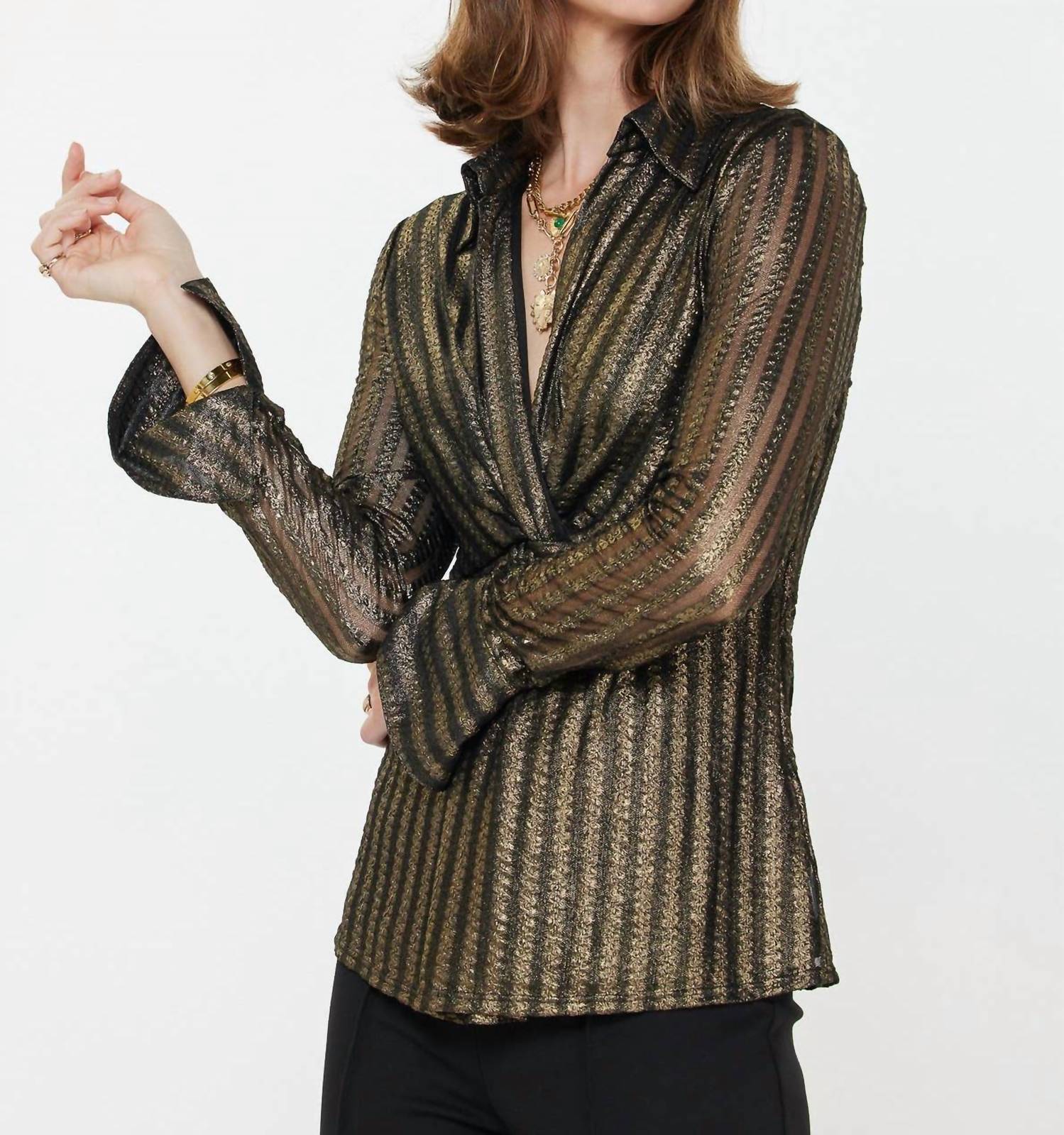 Current Air - Metallic Striped Twist-front Blouse