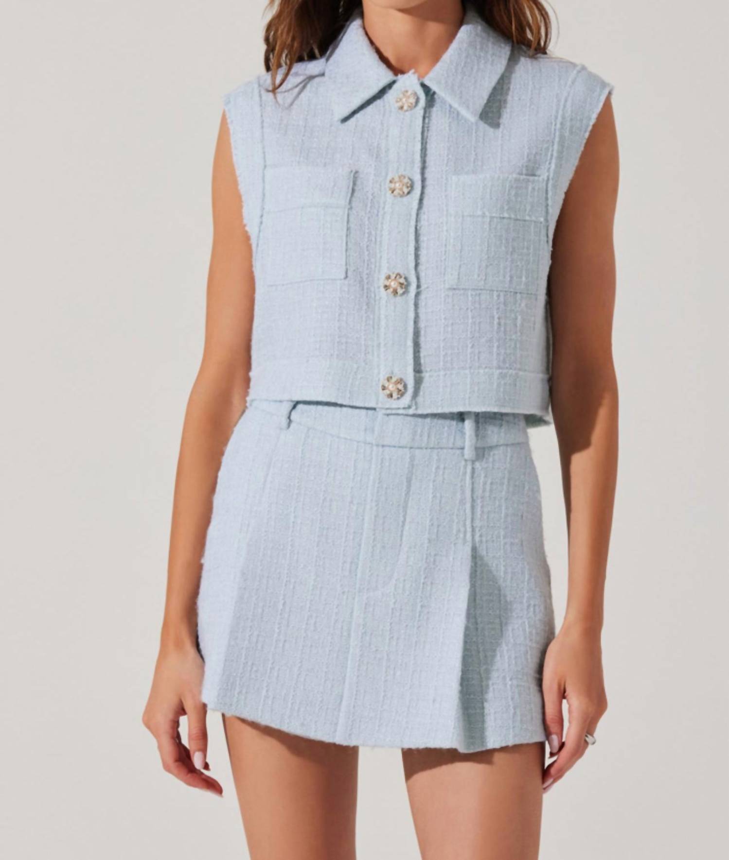 ASTR Jhene Sleeveless Tweed Top in blue - women's shirt