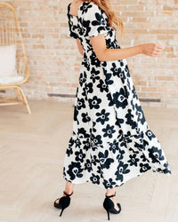 Polagram Bloom Puff Sleeve Maxi Dress in black white - women's dress - detail view