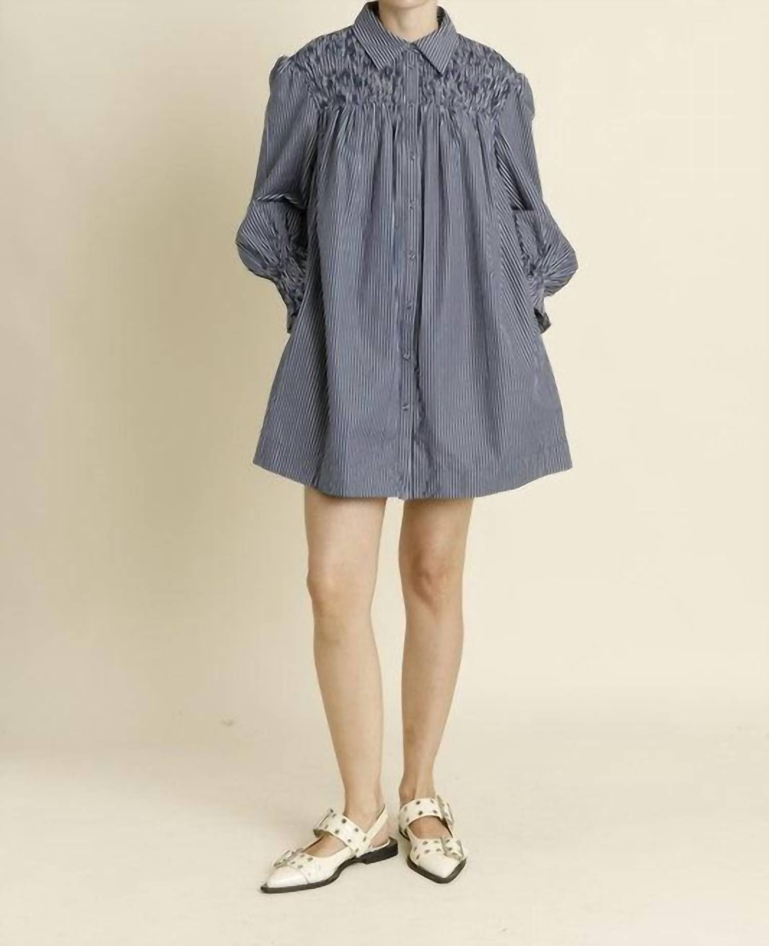 Aureum - Smocked Stripe Shirt Dress