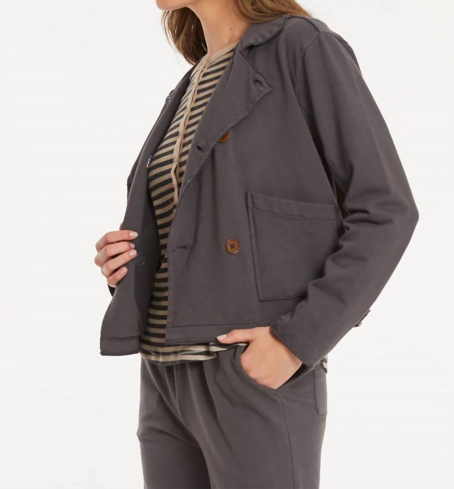 mododoc Double Breasted Crop Shacket in washed ebony - women's jacket - alternate view