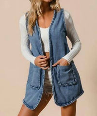 Bibi - Braided Trim Open Front Denim Vest With Pockets