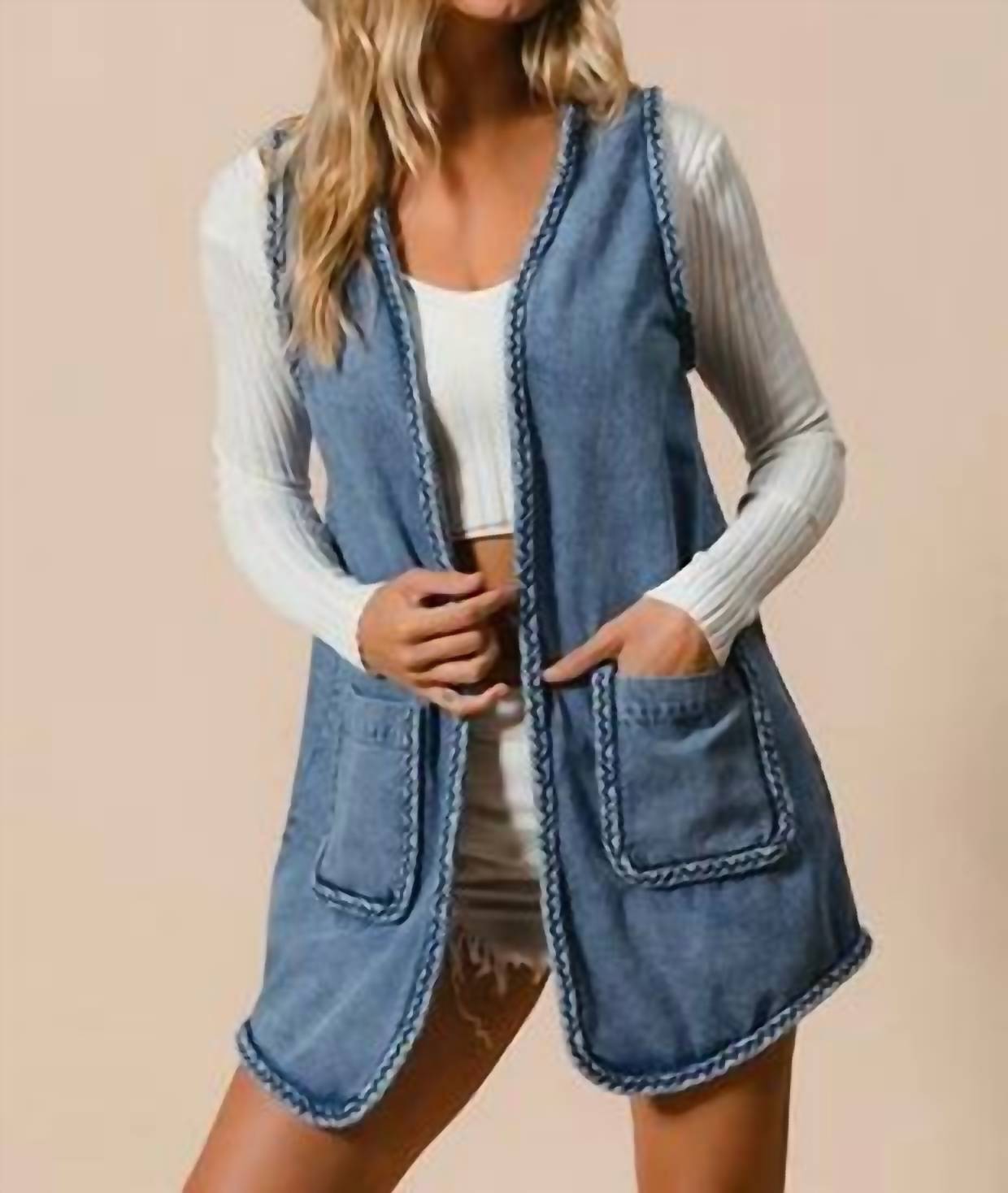Bibi - Braided Trim Open Front Denim Vest With Pockets