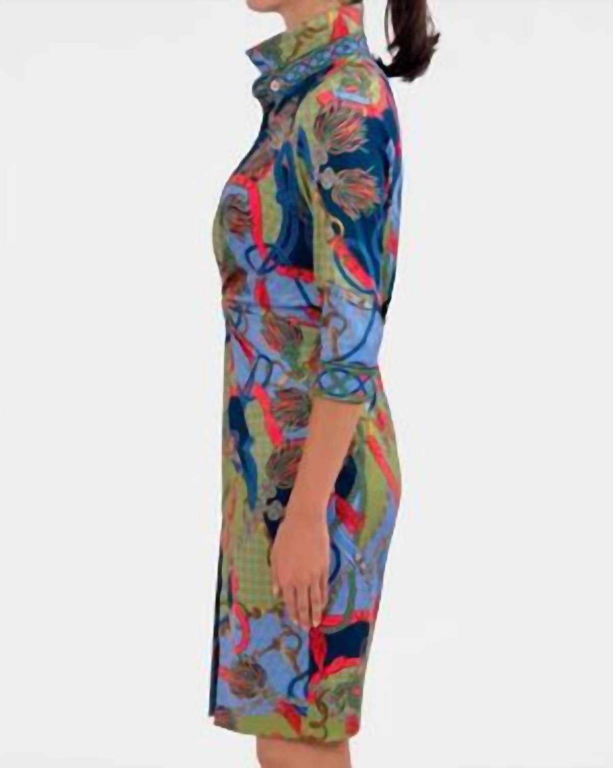 GRETCHEN SCOTT Twist & Shout Ditto Print Dress in olive navy periwinkle orange - women's dress - detail view