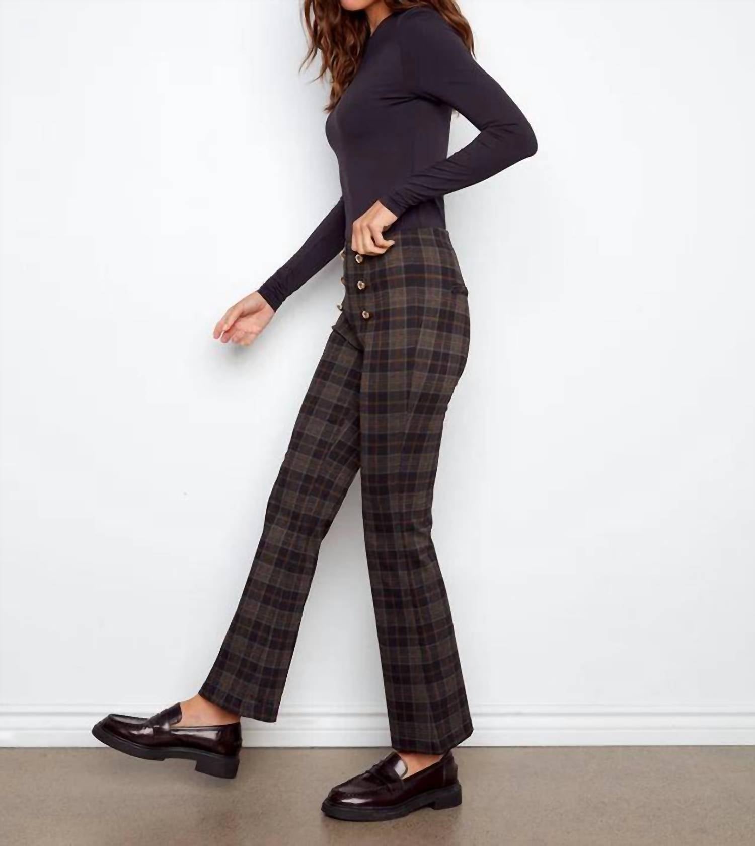 Charlie B - Flare Plaid Pants With Decorative Buttons