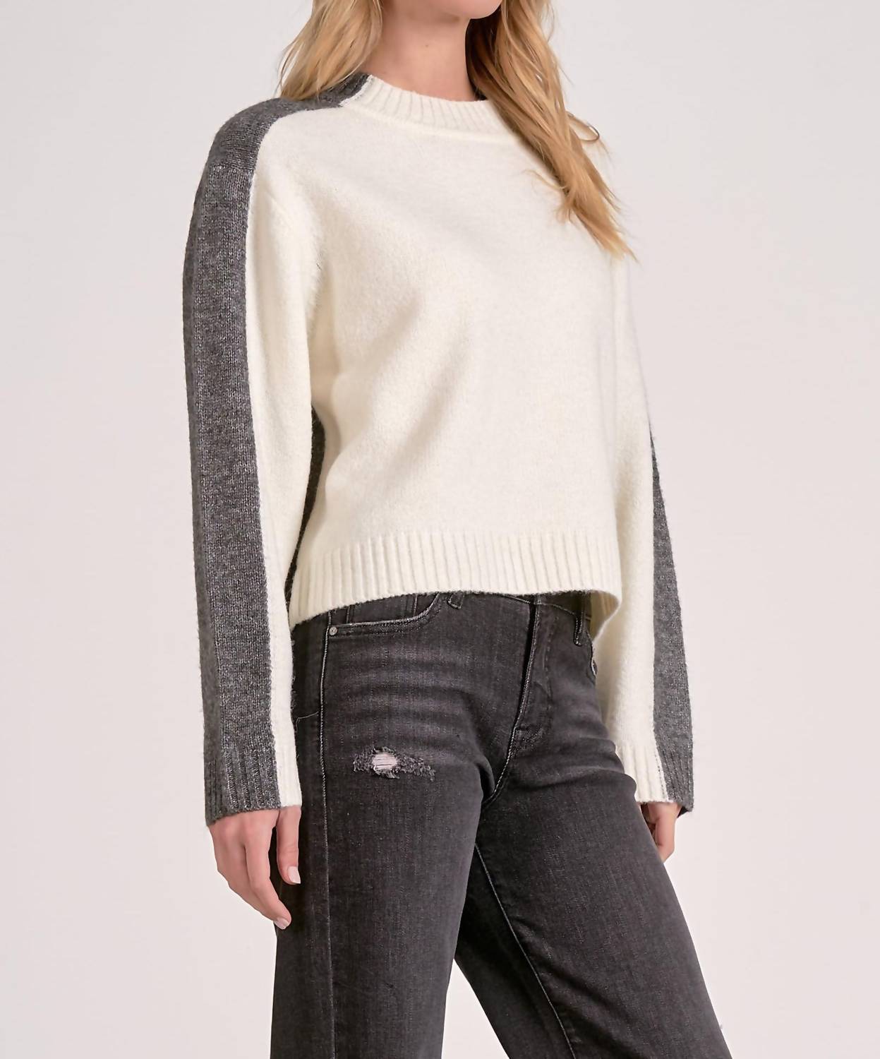 ELAN Crewneck Colorblock Sweater in grey white - women's sweater - alternate view