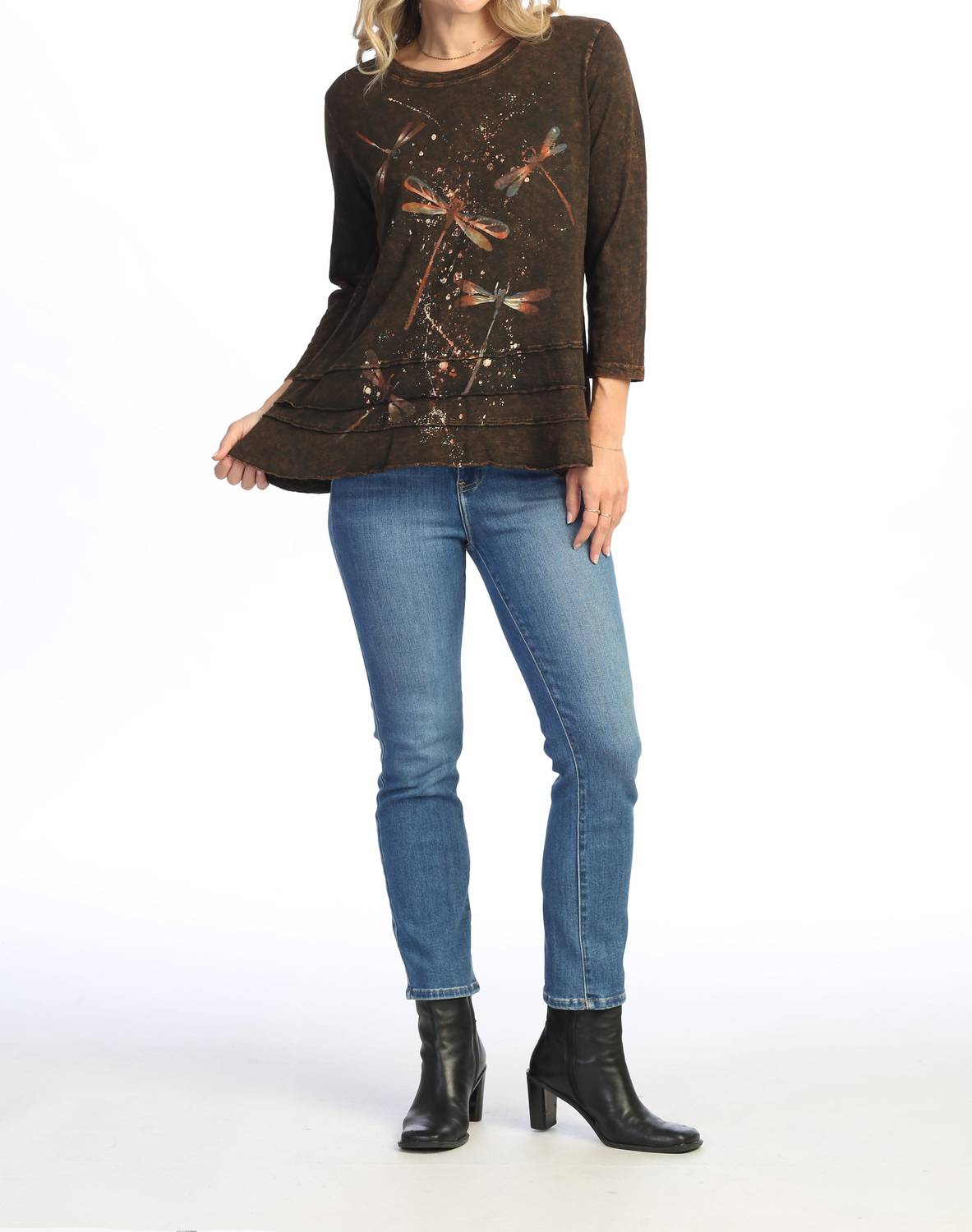Jess & Jane Fairy Duet Mineral Washed Cotton Layered Top in brown - women's shirt - detail view