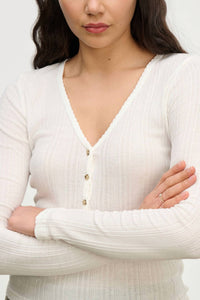 Velvet by Graham & Spencer Winona Pointelle Henley Top in ecru - women's long sleeve top - alternate view
