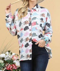 Avery Apparel - Hat Print Button Down Long Sleeve Top
