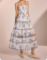 Strut & Bolt - Floral Print Smocked Lace Trim Midi Dress
