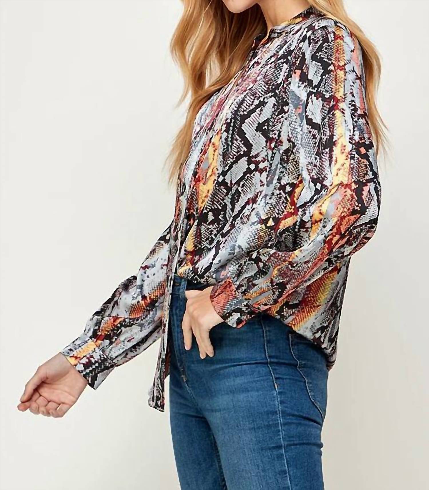 SEE AND BE SEEN Snakeskin Print Long Sleeve Shirt in blue multi - women's blouse - alternate view