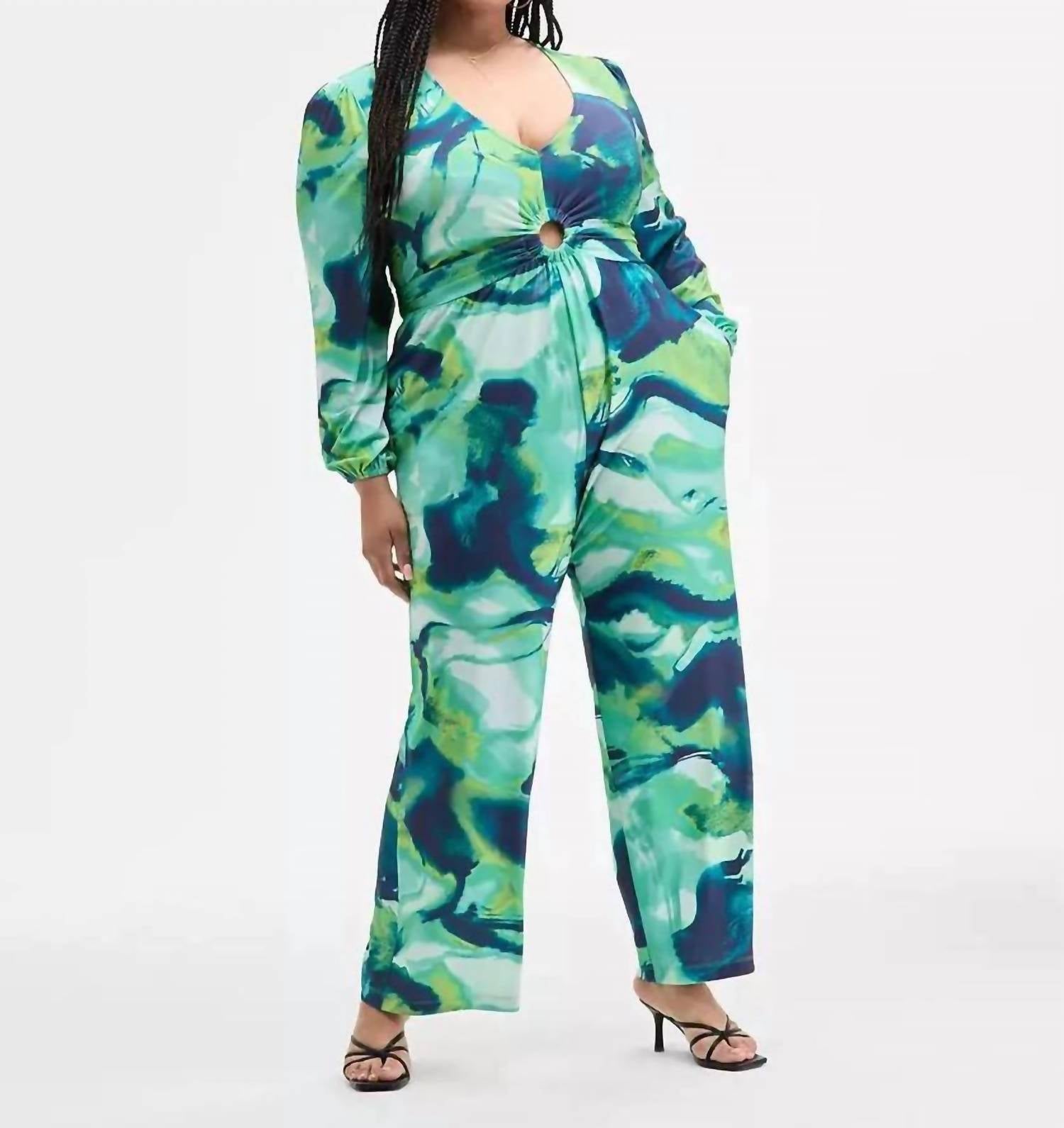 Nina Parker Trendy Long-sleeve Ring-detail Jumpsuit - Plus in neon marble - women's pants