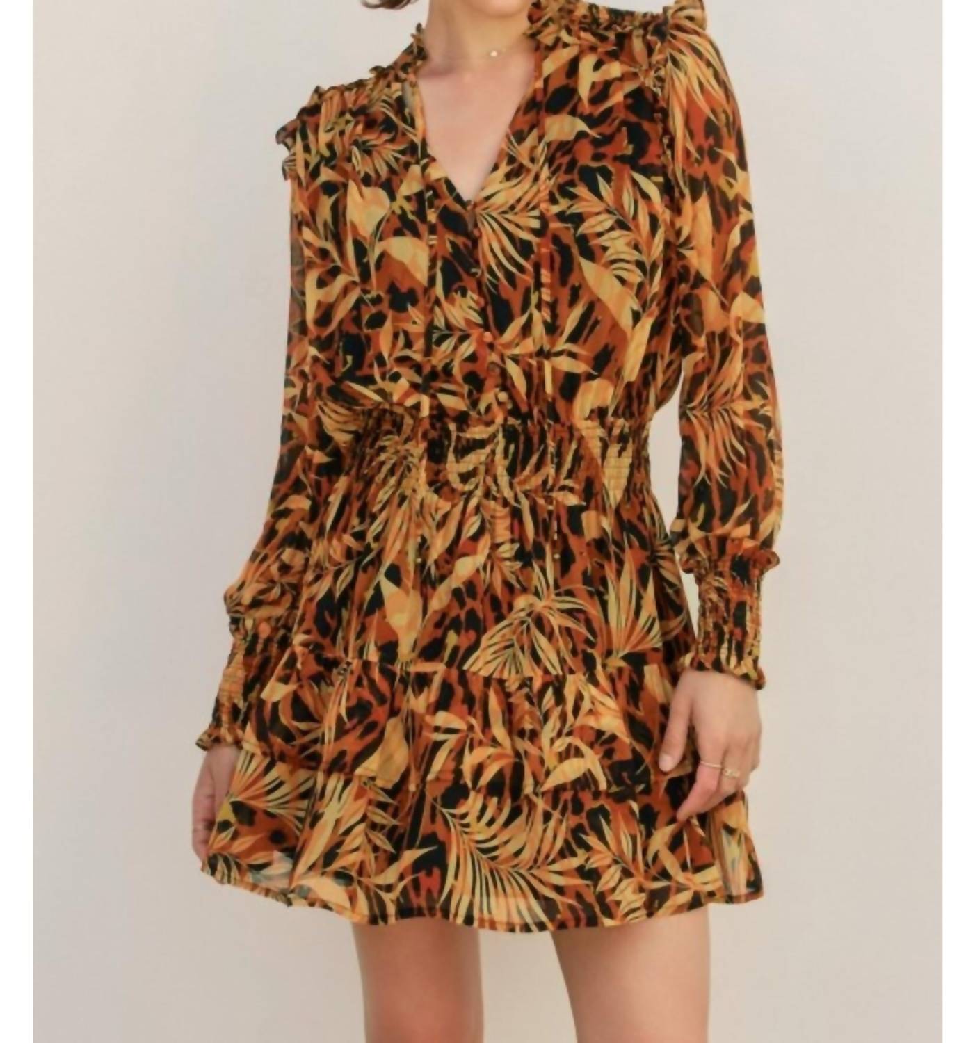 DRESS FORUM Palm Trees Shirred Waist Mini Dress in orange navy - women's dress
