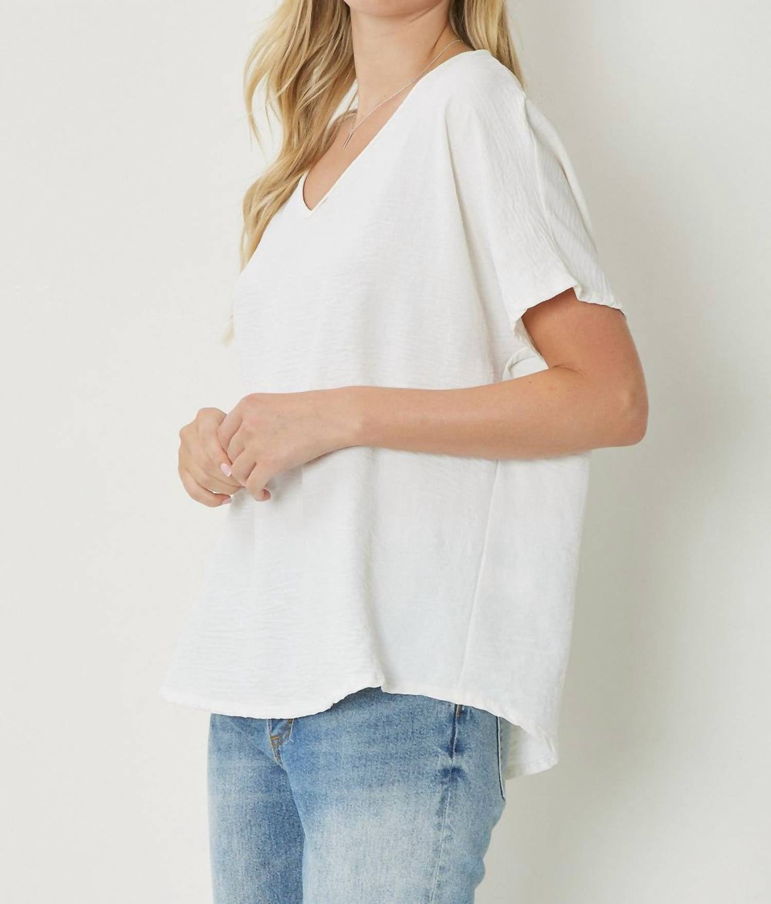 entro Solid V-neck Top in off white - women's blouse - alternate view