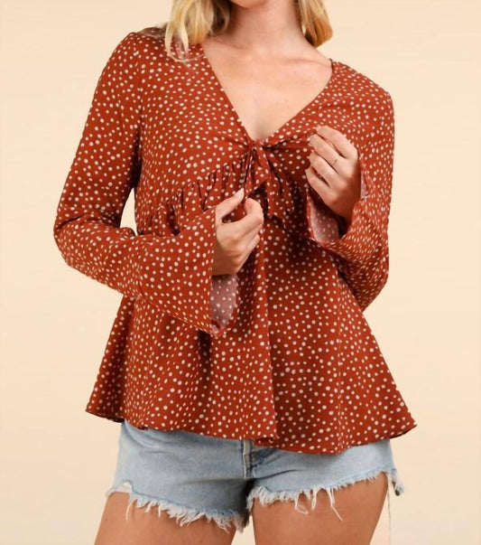 Very J - Dotted Ruffled Bell Sleeve V-Neck Blouse Woven Top