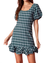 Peach Love Plaid Puff Ruffle Open Back Mini Dress in dark hunter green - women's dress