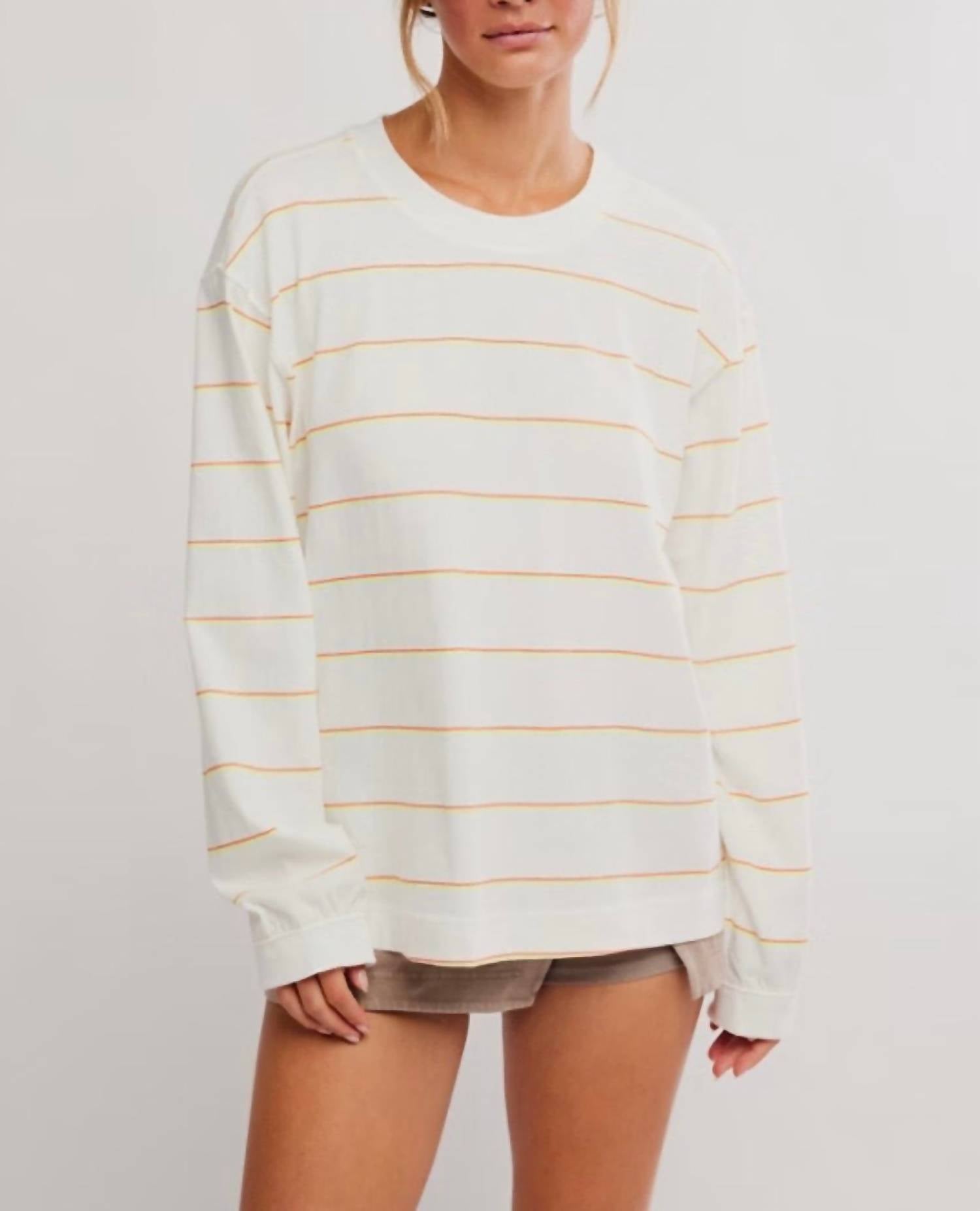 Free People Printed Hustle Layer Awning Long Sleeve Top in striped ivory - women's long sleeve top - detail view