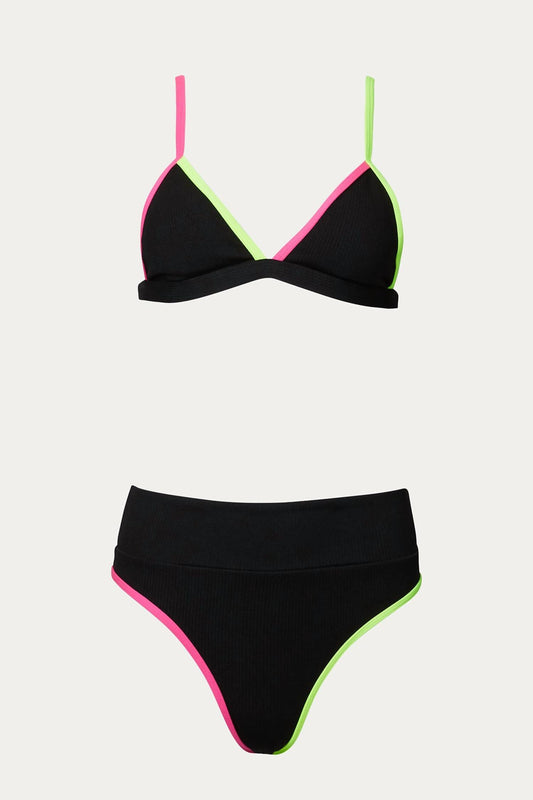 COLOR-BLOCK TRIANGLE HIGH-LEG BIKINI SET